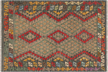 Flat Weave Kilim, Antique, Navaho, Vintage, Handmade, Geometric Kilim Red Green Hand-Woven Rectangle 100% Wool Area Rug 4 x 5